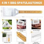 Papa Gifts from Grandkids, Gift for Papa Fathers Day Heavy Duty Wooden BBQ Grilling Accessories Kit for Backyard, Thick Stainless Steel Grill Utensils with Non-Slip Handle Tools in Portable Bag