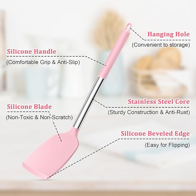 TeamFar Cooking Utensils Set, 5 PCS Silicone Kitchen Utensils with Stainless Steel Handle for Nonstick Cookware Turning Flipping Frying Draining, Heatproof & Healthy, Nonstick & Easy Clean, Pink