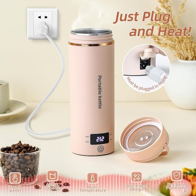 Travel Electric Kettle Portable Mini Kettle,Small Hot Water Boiler with 4 Temperature Settings,304 Stainless Steel,Fast Boiling Water with Auto Shut-Off and Boil Dry Protection (Pink, 400ml)