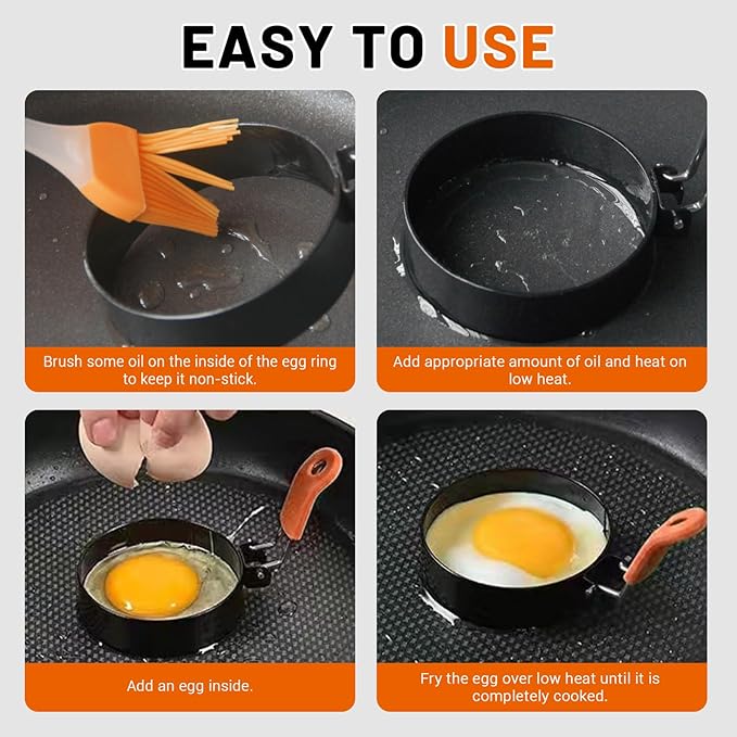 6 Pack Different Sized Egg Ring Set, Stainless Steel Round Egg Shaper with Silicone Handle & 1 Brush, Nonstick Egg Circles for Baking Pancake Griddle Muffin Omelette Cooking Frying (Black, Orange)