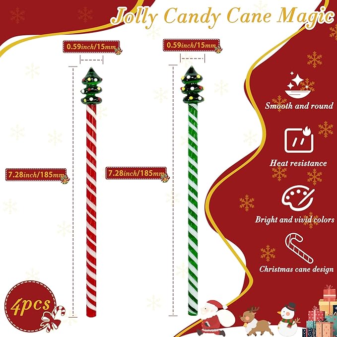 Christmas Tree Glass Stir Sticks - 6.88" Cute Swizzle Stick for Coffee & Cocktails - Festive Red, Green& White Striped Design - Holiday Party Drink Mixers Essentials (4-Pack)