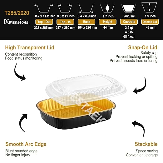 Oval Aluminum Foil Pans with Snap-On Lids (5 Pack) | 2X Thicker Heavy Duty Reusable Container 68oz for Take-Out (Black)