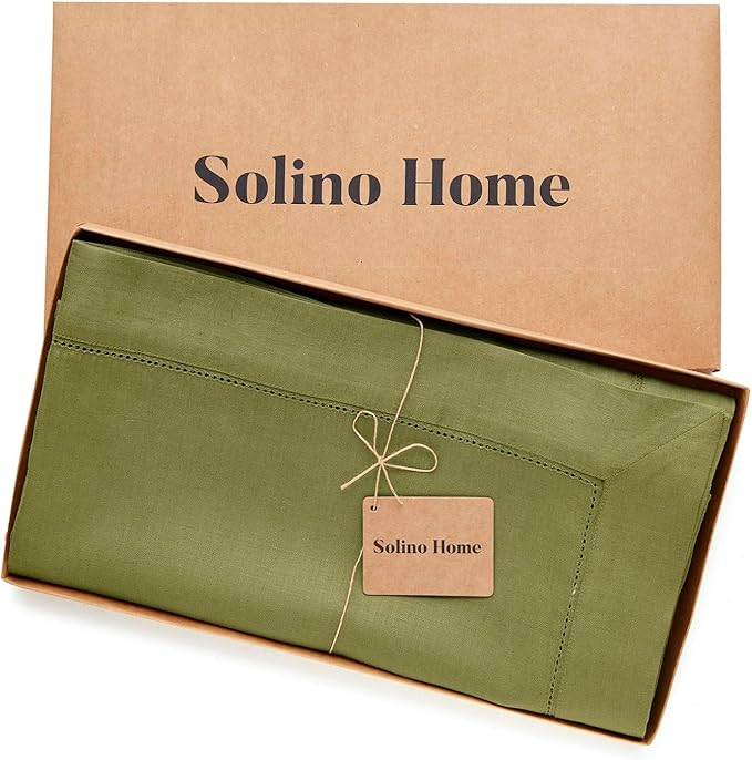 Solino Home Linen Avocado Green Tablecloth 60 x 120 Inch - Classic Hemstitch, 100% Pure Linen Rectangular Tablecloth - Machine Washable Table Cloth for Summer, Fall, Autumn