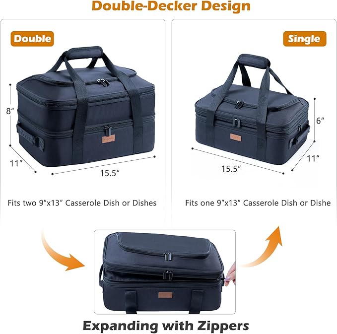 BAGSPRITE Expandable Insulated Casserole Carrier for Hot or Cold Food, Casserole Dish Carrying Case,Thermal Lasanga Lugger Tote for Pockluck, Parties, Picnic, Fits 9" x 13" Baking Dish,