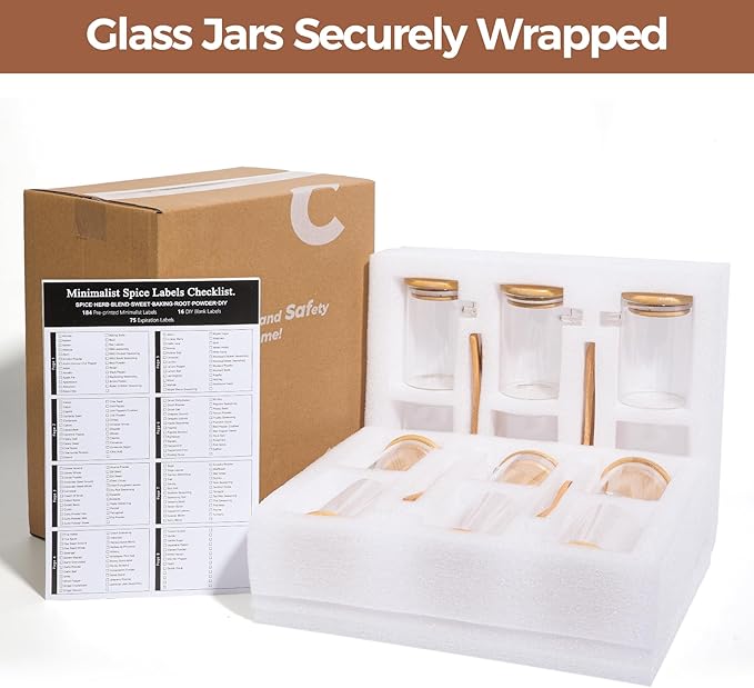 ComSaf 12 Pcs Glass Spice Jars and Spoons, 8oz Glass Containers with Bamboo Lids, Storage Containers with Airtight Lids with 275 Labels for Seasonings, Salt, Loose Leaf Tea Storage