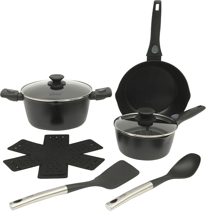 Oster SmartHandle Advance 13-Piece Nonstick Cookware Set – Matte Black Finish, Induction Base, Detachable Handles, Forged Aluminum, Oven & Dishwasher Safe, With Utensils & Pan Protectors