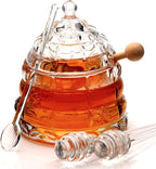 Elegant Glass "Crystal" Honey Jar with 2 Glass + 1 Wooden Dipper & 1 Clear Spoon | Beehive Design | 10 oz Container | Perfect for Sugar, Marmalade & Jam | Durable & Stylish Multipurpose Pot with Lid