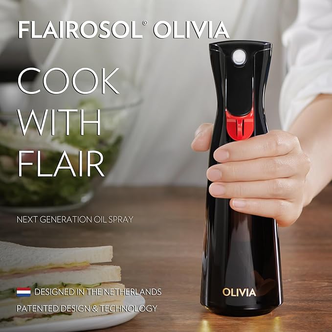FLAIROSOL OLIVIA Oil Sprayer for Cooking, 200ml Glass Olive Oil Sprayer, Continuous Cooking Spray Dispenser with Portion Control for Kitchen, Air Fryer, Salad, BBQ (Black Bottle, Gold Print)