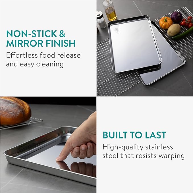 Navaris Half Sheet Baking Pan Breading Trays w Racks - Stainless Steel Baking Sheet with Wire Rack Insert for Oven Cooking - Cookie Bacon Tray - Set of 4 15.7x11.8 (40x30cm)