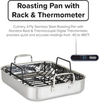 Viking 3-Ply Stainless Steel Roasting Pan with Non Stick Rack, 16 x 13 Inch Kitchen Cookware, Great for Turkey, Includes Probe Thermometer, Dishwasher and Oven Safe, Induction Ready, Silver