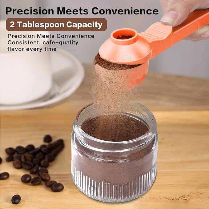 2-in-1 Coffee Scoop with Funnel, 2 Teaspoon Measuring Spoon for Reusable K Cups, Ground Coffee, Protein Powder & Tea, Mess-Free Plastic Design (Orange)