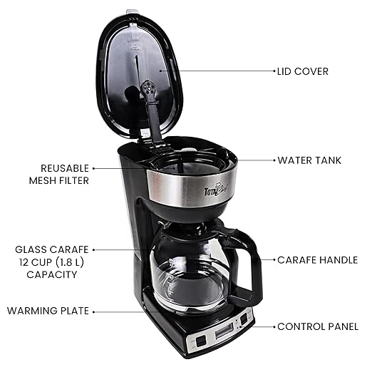 Total Chef Drip Coffee Maker - 12-Cup Programmable Coffee Machine With Glass Pot, Pause and Pour, Auto Shut-Off, Large Water Reservoir, Reusable Filter, Dishwasher Safe Carafe, Percoladora de Café