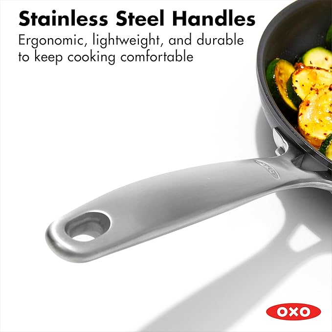 OXO Enhanced, 8" 10" and 12" 3 Piece Frying Pan Skillet Set, Healthy Ceramic Nonstick, PFAS-Free, Stainless Steel Handle, Dishwasher Safe, Oven Safe, Black