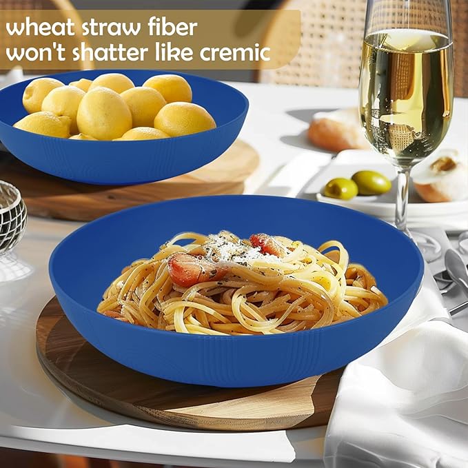 65oz Wheat Straw Large Salad & Soup Bowls Set of 2, Unbreakable, Microwave & Dishwasher Safe, Plastic Bowls for Kitchen, Camping, School - Blue
