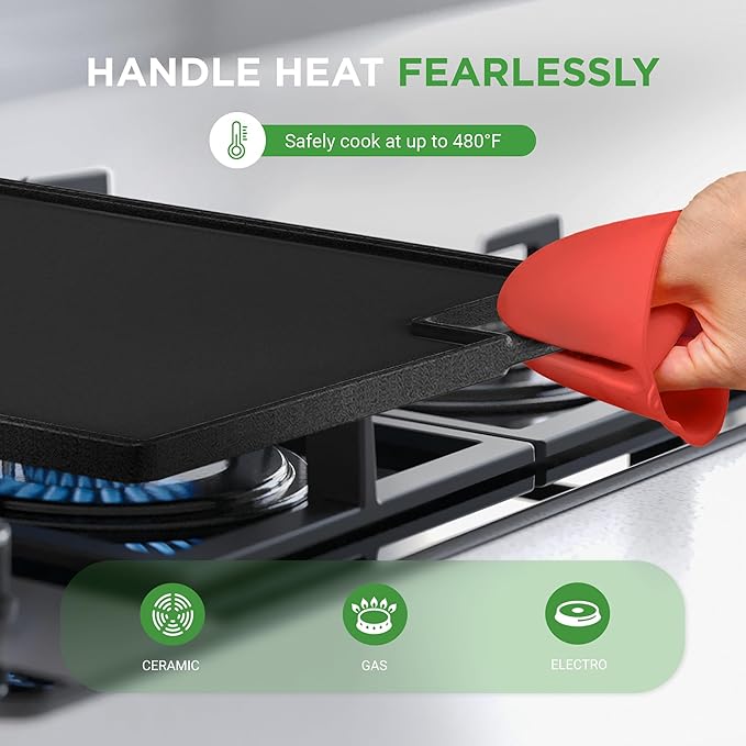 NutriChef Cast Iron Reversible Grill Plate, 18” Flat Skillet Griddle Pan for Stove Top, Gas Range Grilling Pan with Silicone Oven Mitt, Compatible with Electric, Ceramic & Induction Cooktops, 18”x10”