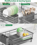 Dish Drying Rack, Stainless Steel Drainer Rack with Drainboard with Smart Drainage System, Space Saving Dish Strainer for Kitchen Counter with Cutlery Holder, Grey