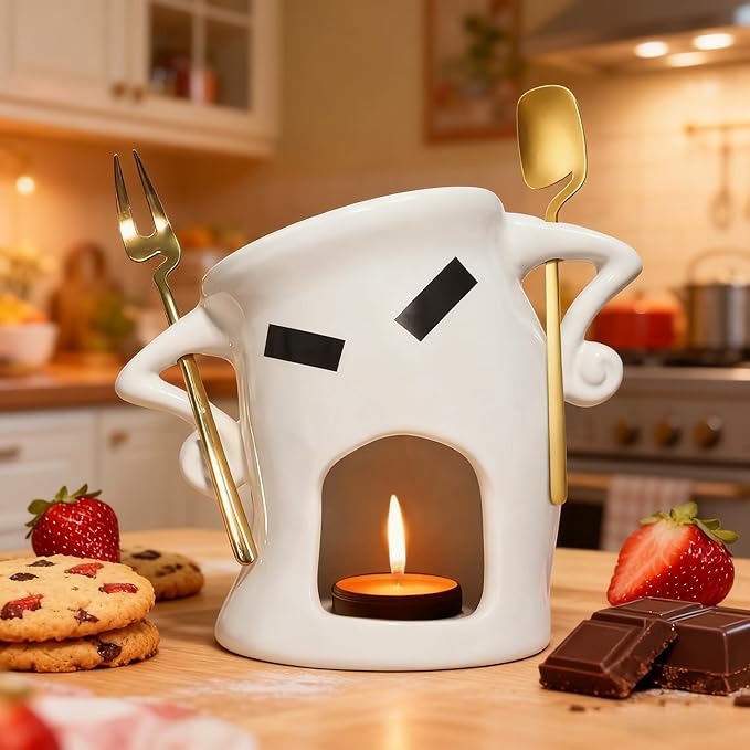 Ceramic Fondue Cup Set w/Built-In Fork & Spoon - Mini Chocolate/Cheese Fondue Mug | Microwave & Dishwasher Safe | Compact Gift-Ready (White)