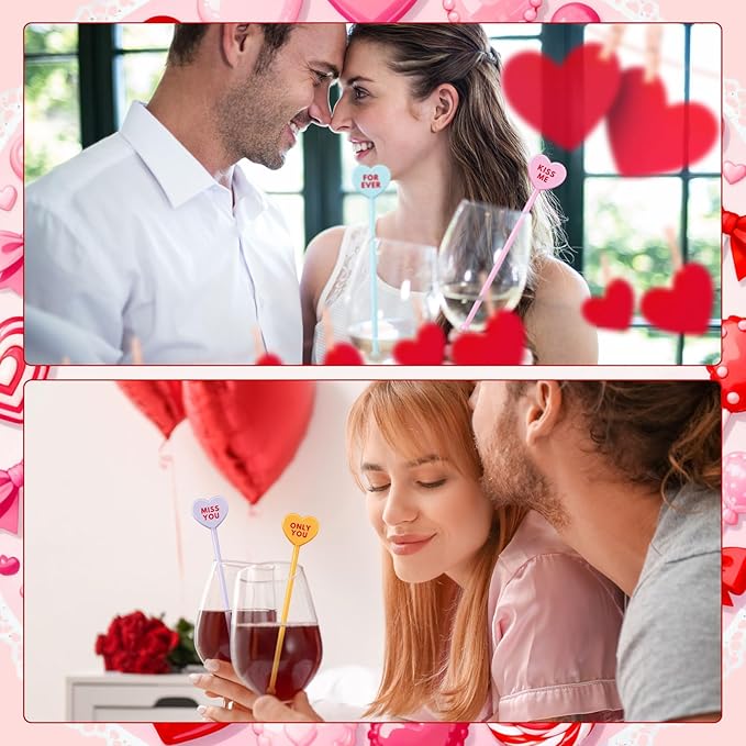 48 Pcs Valentine Conversation Candy Heart Drink Stirrers Reusable Plastic Cocktail Swizzle Sticks Wedding Cocktail Mixers for Bar Engagement Anniversary Valentine Party Supplies