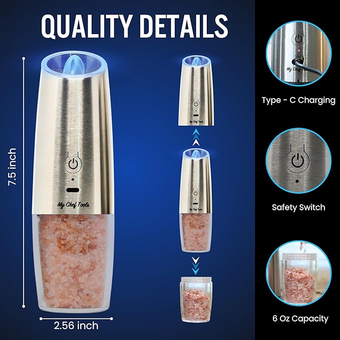 My Chef Tools - Electric Salt and Pepper Grinder Set - Rechargeable Automatic Salt Pepper Mill - USB C Charging - LED Light Illumination - Adjustable Coarseness - 2 Pack Silver