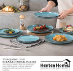 Henten Home 10 Inch Ceramic Dinner Plates, Porcelain Pasta Plates Set of 4, Fluted Round Plates for Kitchen, Steak, Salad Stonware Dishes, Scratch Resistant, Dishwasher & Microwave Safe (Aqua)