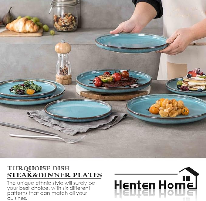 Henten Home 10 Inch Ceramic Dinner Plates, Porcelain Pasta Plates Set of 4, Fluted Round Plates for Kitchen, Steak, Salad Stonware Dishes, Scratch Resistant, Dishwasher & Microwave Safe (Aqua)