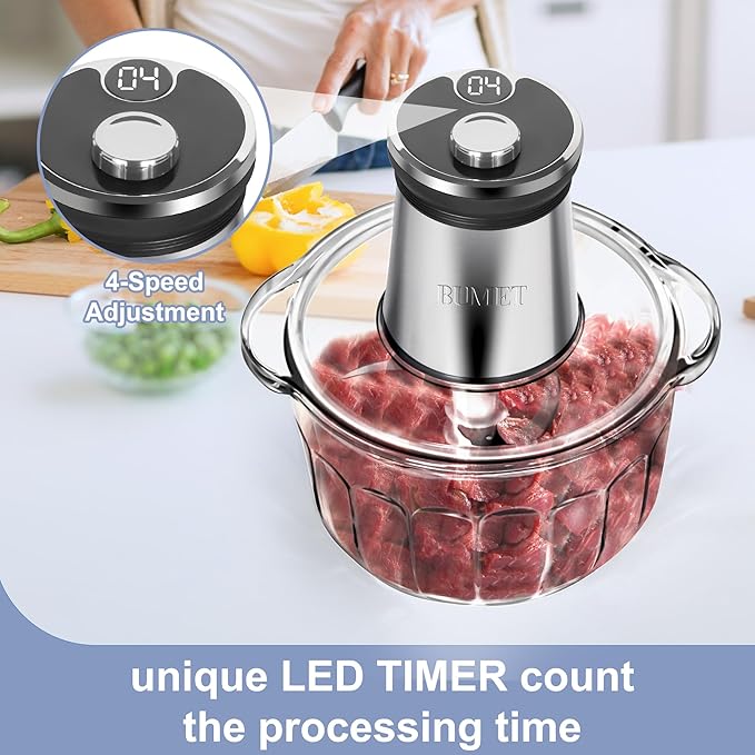 Electric Meat Grinder 850W Food Chopper Food processor with LED timer one 16cup thick glass bowl, 2 sets three-layers 6 blades cutter