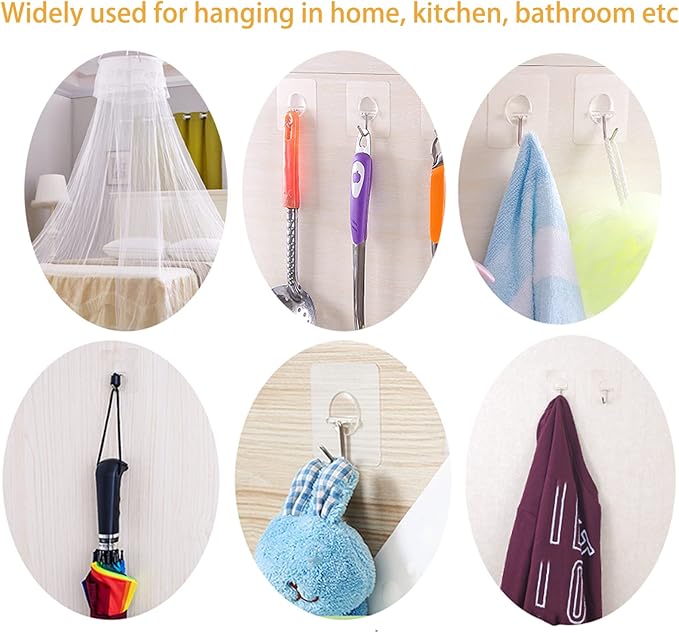 COLOGO 100 Pack Adhesive Hooks 24lb(Max) Heavy Duty Self Adhesive Hooks, Transparent Reusable Seamless Adhesive Wall Hooks for Kitchens, Bathroom, Office