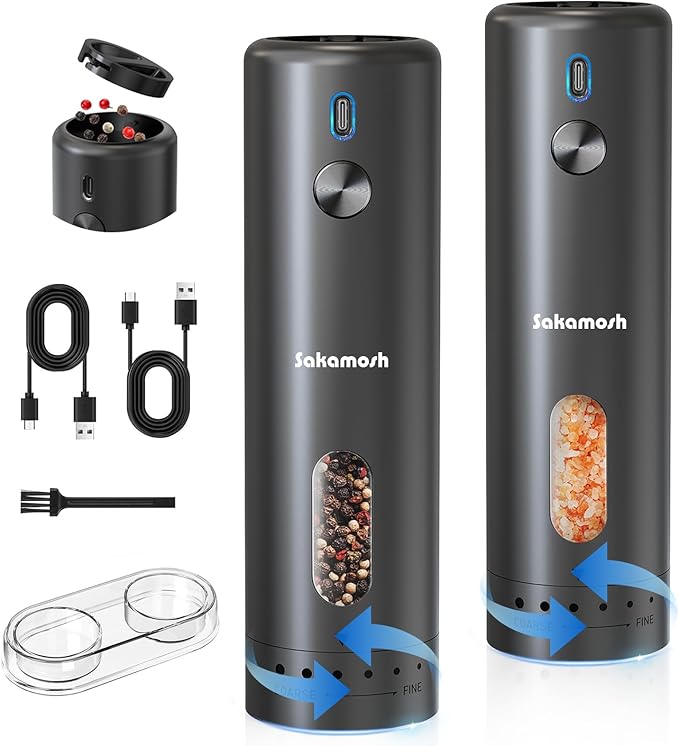 Electric Black Pepper Grinder Set Rechargeable, Larger Capacity Top-Refill Automatic Salt Grinder and Pepper Mill with 6 Adjustable Coarseness, LED Light, One-Handed Operation for Home (2 Pack)