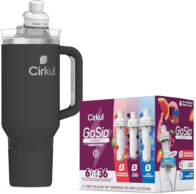 Cirkul 40oz Stainless Steel Insulated Tumbler Bundle in Carbon – Includes Flavor Cartridge Drink Mix Variety Pack, Zero Calories, No Sugar