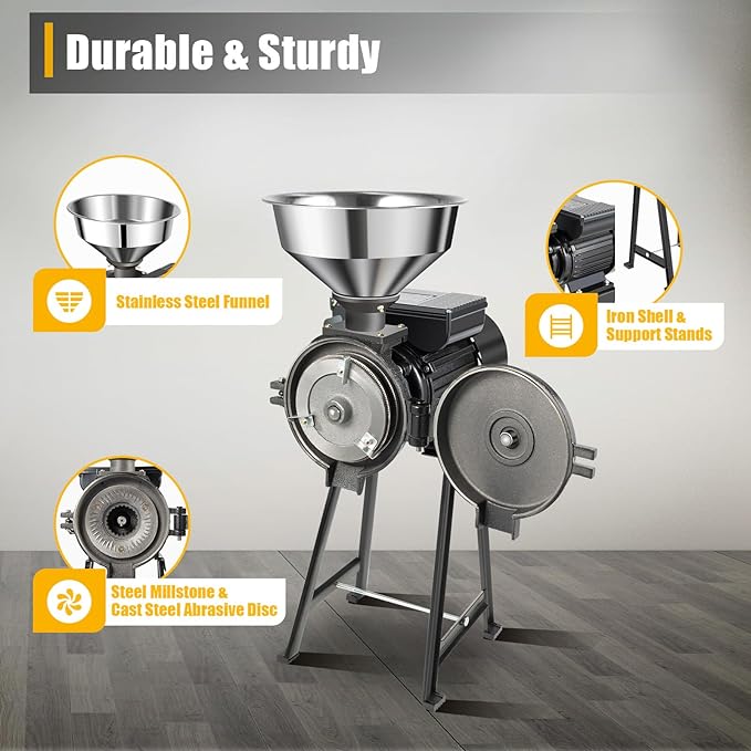 Grain Mill Grinder, 1500W Electric Grinder Mill Machine, Dry Feed Flour Grain Grinders Machine with Adjustable Input Material Speed & Adjustable Output Thickness for Grinding Various Dry Items