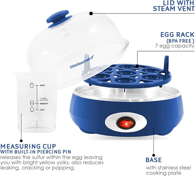 Elite Gourmet EGC322CBL Easy Egg Cooker Electric 7-Egg Capacity, Soft, Medium, Hard-Boiled Egg Cooker with Auto Shut-Off, Measuring Cup Included, BPA Free, Classic Blue