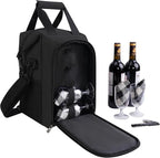 ALLCAMP 4 Bottle Wine Gift Bag - Insulated Tote Cooler, Adjustable Strap, Includes 4 Wine Glasses, Napkins & Corkscrew, Portable Travel Gifting (Black)