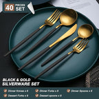 40 Pieces Matte Black&Gold Silverware Set, Stainless Steel Black&Gold Flatware Set for 8, Satin Finish Spoons and Forks Silverware Set, Black&Gold Cutlery Utensils Set, Dishwasher Safe