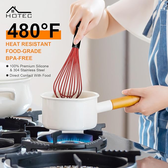 HOTEC 4 Pieces Silicone Whisks Set, Wire Balloon Whisks Egg Beater, Non-slip Handle Whisk for Non-stick Cookware Perfect for Cooking, Stirring, Beating and Blending (Multicolor)