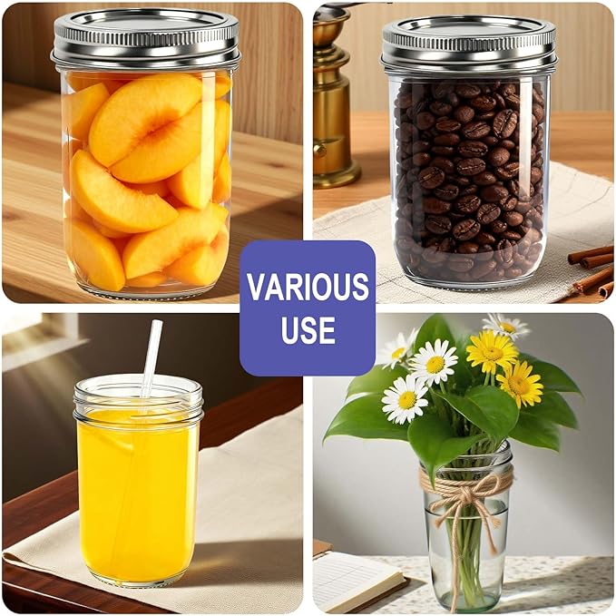 Wide Mouth Mason Jars 16 oz with Lids, Glass Jars with Airtight Lids and Band, Safe for Canning, Food Storage, Pickling, Overnight Oats Container, Pint Size (Pack of 12)