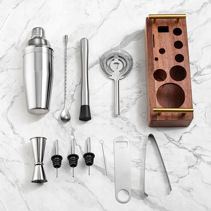 Cocktail Shaker Set Bartender Kit with Stand 24oz Martini Shaker,12-Piece Professional Bar Tool Set Drink Mixer Set with All Essential Bar Tools.