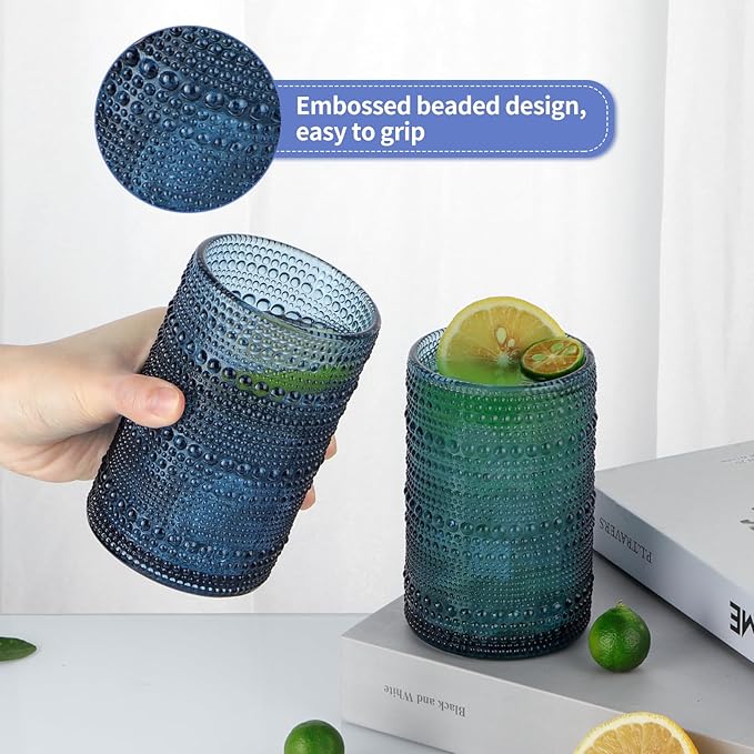 MOLIGOU 6 Pcs Embossed Drinking Glasses, 15oz Vintage Highball Glasses, Beaded Glass Drinking Cups (Blue)