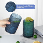 MOLIGOU 6 Pcs Embossed Drinking Glasses, 15oz Vintage Highball Glasses, Beaded Glass Drinking Cups (Blue)