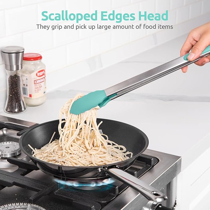 600ºF Heat Resistant Kitchen Tongs: U-Taste 16 in Extra Long Large Silicone Cooking Tong with Sturdy Non Stick Rubber Tips & Non Slip Silicon Coated 18/8 Stainless Steel Handle for Grill BBQ(Aqua Sky)