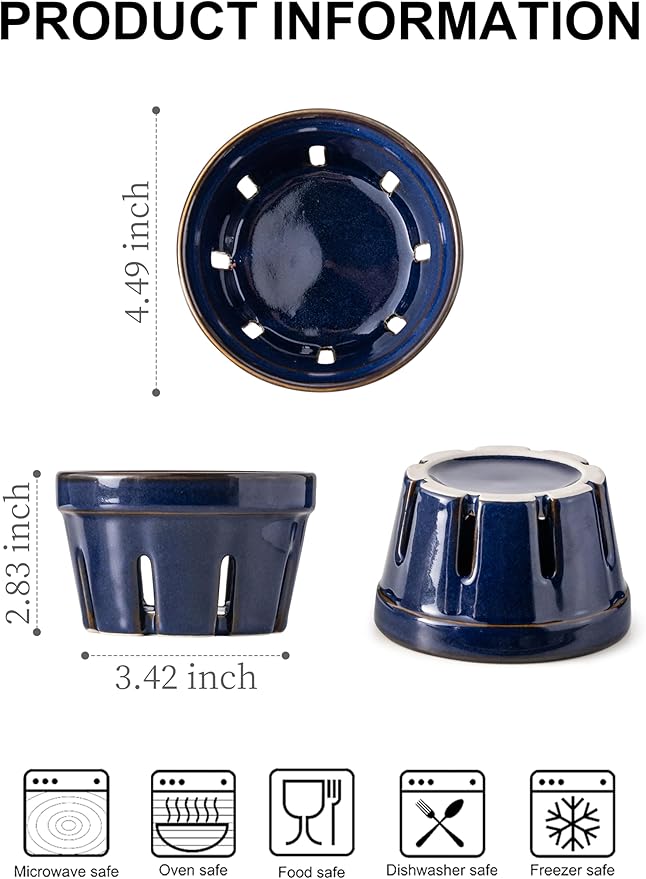 Gomakren Ceramic Berry Basket Set of 2, Round Fruit Bowl with Holes, Small Fruit Basket Containers for Kitchen Counter, Berries, Strawberry, Grape, Cherry - Cobalt Blue