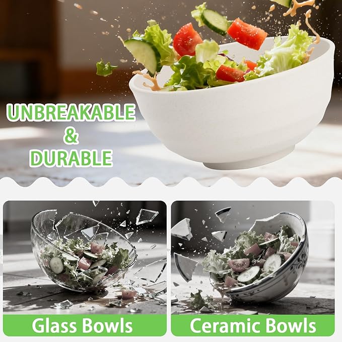 Large Salad Bowl, Wheat Straw Bowls Set 60 OZ, Unbreakable Big Bowls Set of 6, Large Serving Bowls for Kitchen, Cereal, Ramen, Soup, Microwave & Dishwasher Safe, White