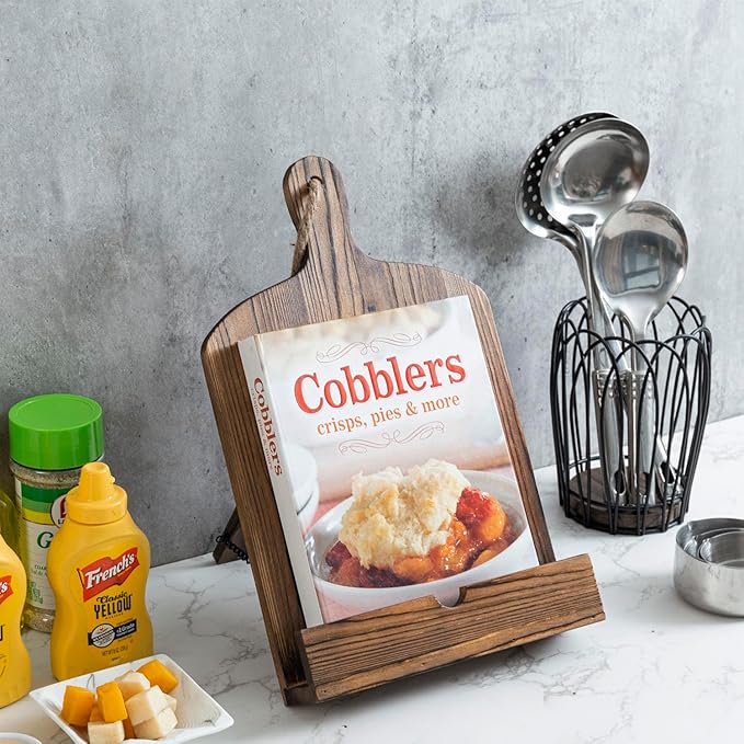 MyGift Cookbook Stand Recipe Book Holder with Brown Wood Cutting Board Design, Cookbook Holder for Countertop Display