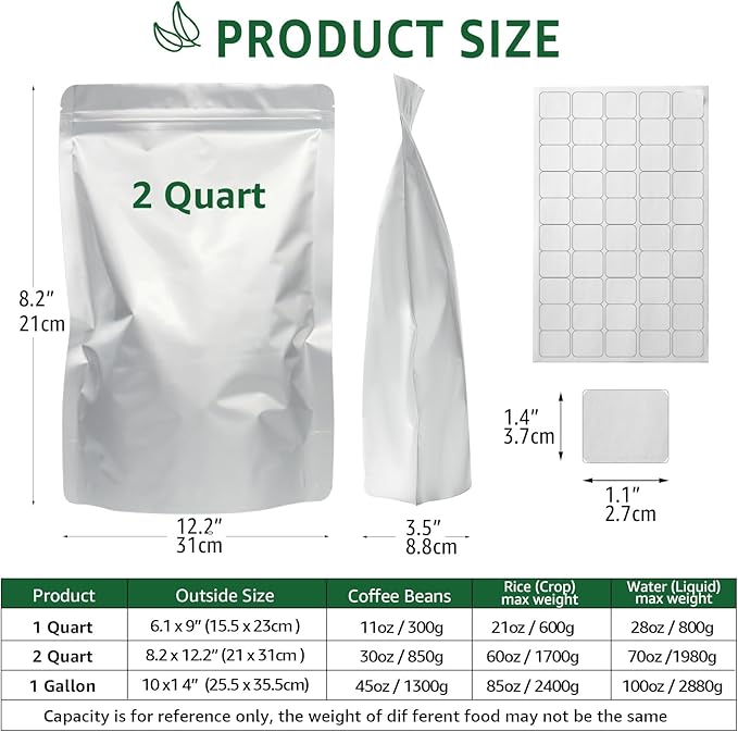 50pcs 8x12 Mylar Bags for Food Storage 2 Quart Resealable Smell Proof Foil Pouches Bags with Label sticker，Family Daily life for Food long-term Freeze Dryer Storage Coffee Cereal