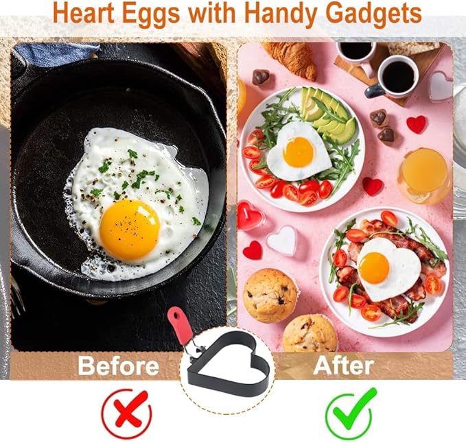3.5 Inch Egg Ring with Foldable Handle, Stainless Steel Heart Shaped Egg Rings for Frying Eggs, English Muffins, Cooking Breakfast Sandwich Burger, 2 Pack