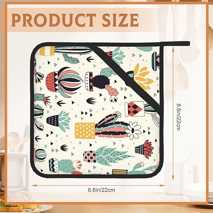 Cute Cactus Pot Holders Set of 2, Kitchen Heat Resistant Flowers and Geometric Elements Potholder for Microwave Cooking Baking Oven End Dishes and BBQ