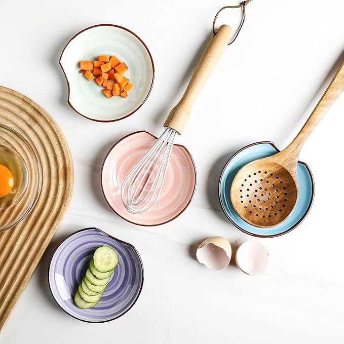 KitchenTour Spoon Rest for Stove Top, 4.7 inch Ceramic Spoon Holder for Kitchen Counter, Coffee Spoon Rest, Cooking Utensil Rest for Spatula, Set of 4, Assorted Warm Colors