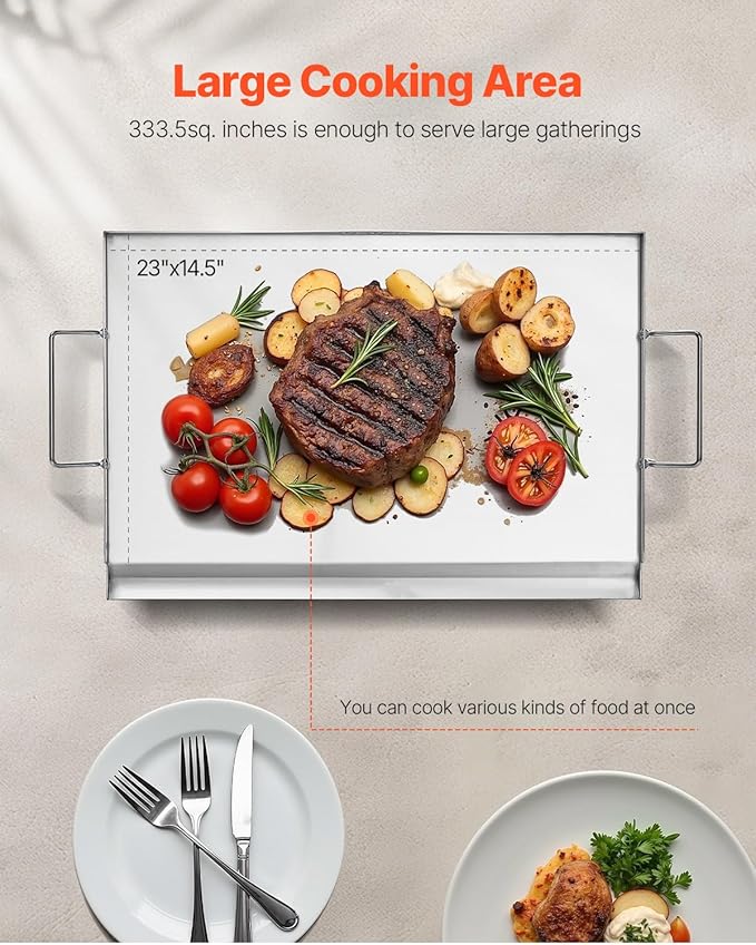 VEVOR Stainless Steel Griddle, 23x16 inch Universal Flat Top Rectangular Plate, Gas Grill Griddle for BBQ Grill, Teppanyaki, Portable Family Cookware with Handle, for Camping Tailgating Party