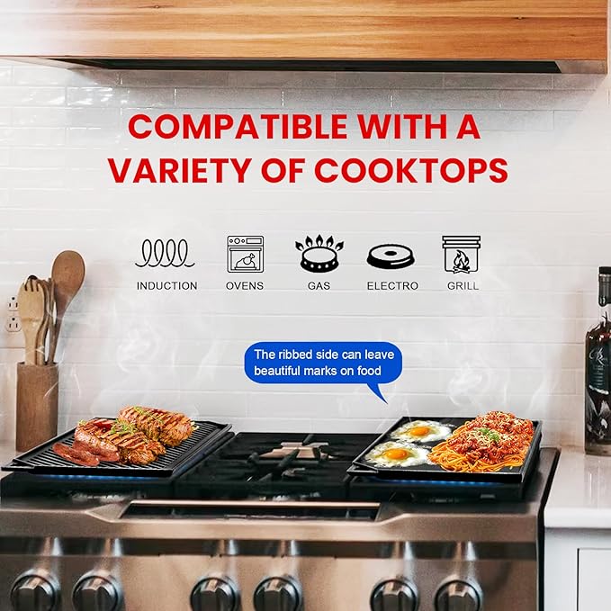 GGC Reversible Cast Iron Griddle, Double-sided Griddle Pan for Stove Tops, Gas Grills and Outdoor Cooking, 16.5 x 9.5 Baking Flat and Ribbed Griddle Plate