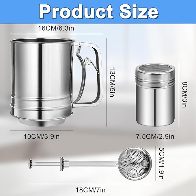 Flour Sifter Stainless Steel,3 Cup Flour Sifters for Baking,3 in1 Sifter for Baking with Powdered Sugar Shaker Duster, Flour Shaker Duster for Baking Cakes, Pastries, Pies, Cupcakes and Desserts