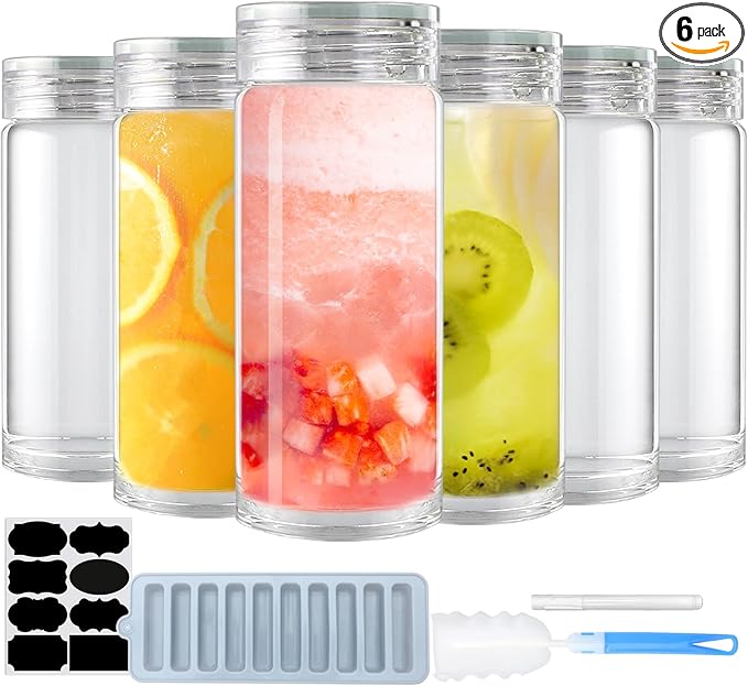 12oz Glass Bottles with Lids,Glass Bottles with lids,glass water bottles.Suitable for beverage storage, juicing, drinking water, tea, leak-proof, reusable, borosilicate 6pack